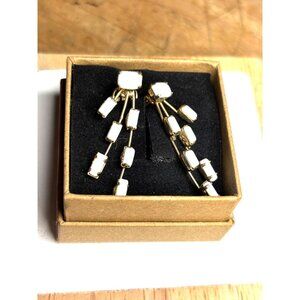Vintage Gold-Tone Earrings With White Milk Glass Dangles Clip-On Style